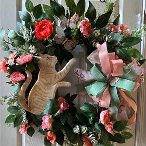 Floral Cat Wreath with Pink and Green Accents